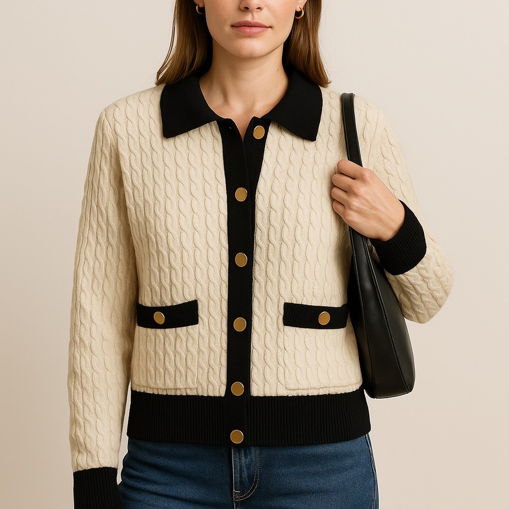 Marled Cozy Cable-Knit Sweater Cream/Tan & Black Collared Contrast Size M Preppy